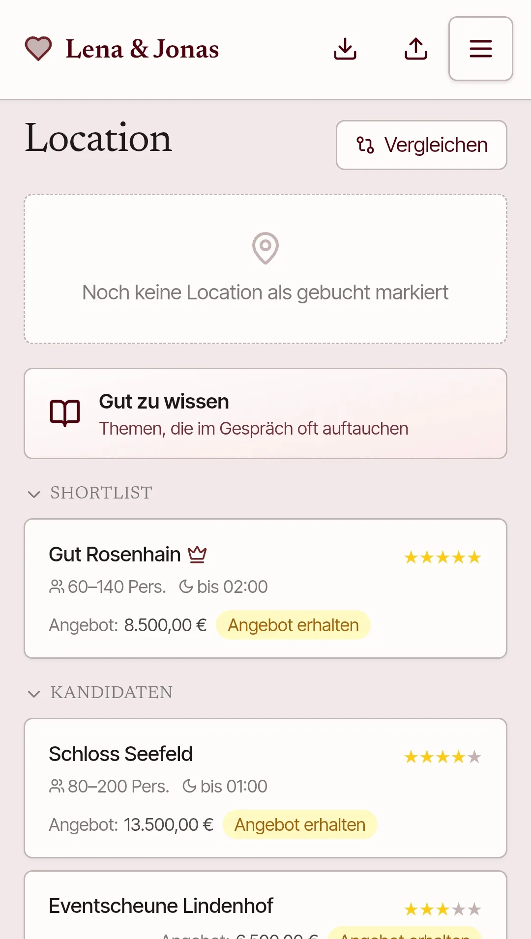 Dienstleister & Location — Screenshot