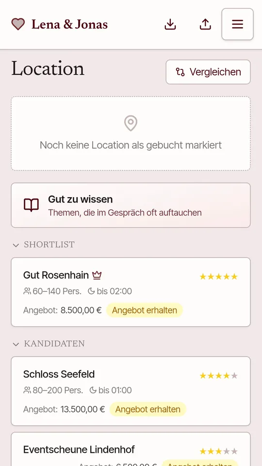Dienstleister & Location — Screenshot
